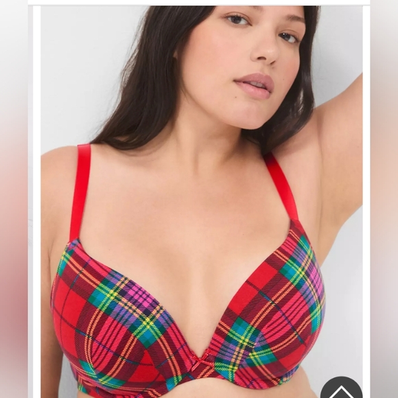Cacique Red Plaid Cotton Boost Plunge Bra 40D - Picture 3 of 6